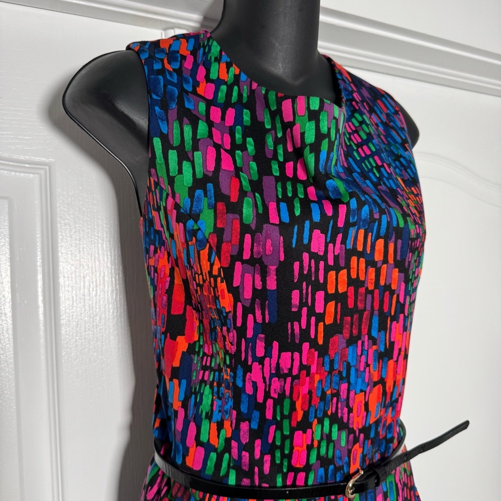 Ellen Tracy Bold Multicolor Abstract Print Sleeveless Belted Dress Size 14 - Picture 4 of 8